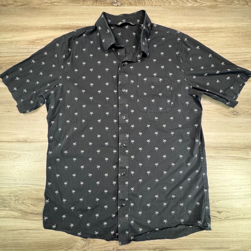 TravisMathew Mens Black Palm Tree Print Short Sleeve Button Down Shirt Size M